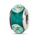 Sterling Silver Reflections Blueish Green Floral Hand-blown Glass Bead